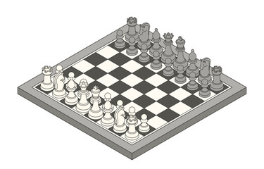 Isometric vector colored line art of a full chessboard with all pieces