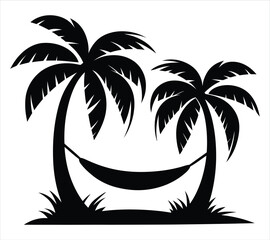 Tropical Beach Silhouette Featuring Palm Trees and Hammock