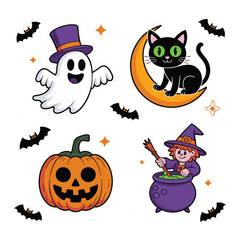 Cartoon Halloween set with ghost, pumpkin, black cat, witch, moon and stars, all in colorful spooky theme, vector illustration design.