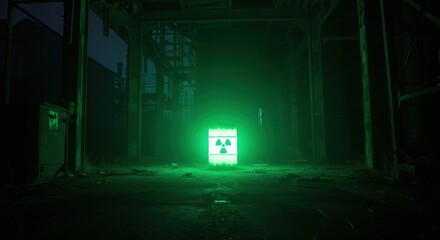 Glowing green barrel with radiation symbol in abandoned factory. Hazardous waste in deserted building. Danger of toxic pollution.
