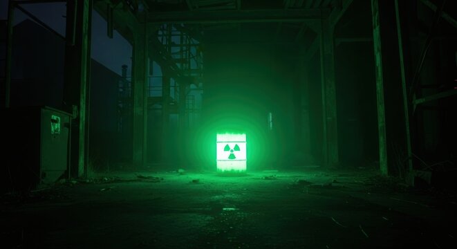 Glowing green barrel with radiation symbol in abandoned factory. Hazardous waste in deserted building. Danger of toxic pollution.