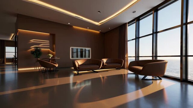 Modern living room interior design featuring floor to ceiling windows overlooking the ocean, a brown leather sofa, and minimalist design