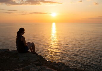 Woman Contemplating Sunset Over the Water. Generative Ai