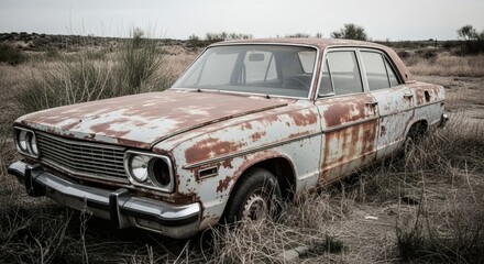 Old rusty car abandoned in a field of dry grass. Vintage vehicle decaying in a desolate outdoor landscape. Concept of decay and neglect.