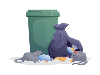 Vector illustration of garbage bin, torn trash bag, and rats. Concept of rodent infestation, food waste problems, pest control, and urban hygiene. Isolated cartoon clipart for banners and templates.