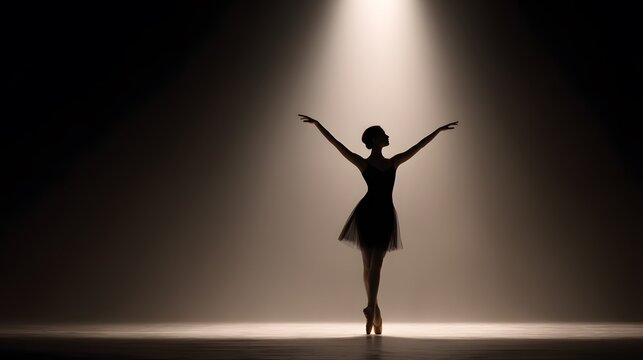 Artistic silhouette of ballerina frozen mid-pose in spotlight