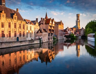 Obraz premium cityscape view of bruges and traditional houses reflected in water at sunrise in belgium