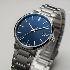 A silver wristwatch with a blue dial and metal bracelet is positioned upright, showcasing its simple yet elegant face. The refined details reflect a classic and polished aesthetic.