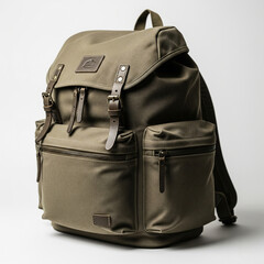 An olive green backpack featuring multiple zippered compartments and leather strap accents is displayed against a light background. The design blends vintage charm with modern utility.