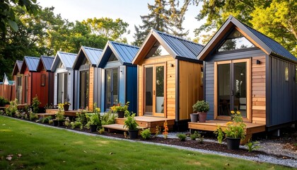Colorful tiny homes in a park-like setting