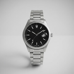 A stainless steel wristwatch with a black dial and simple hour markers. The date window is placed at the 3 o'clock position, and the metal bracelet complements the clean, refined style.