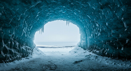 Icy cave opening onto a snowy landscape with icicles and textured walls