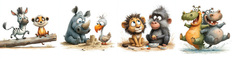 Fun watercolor Savanna animals playing together on white background  