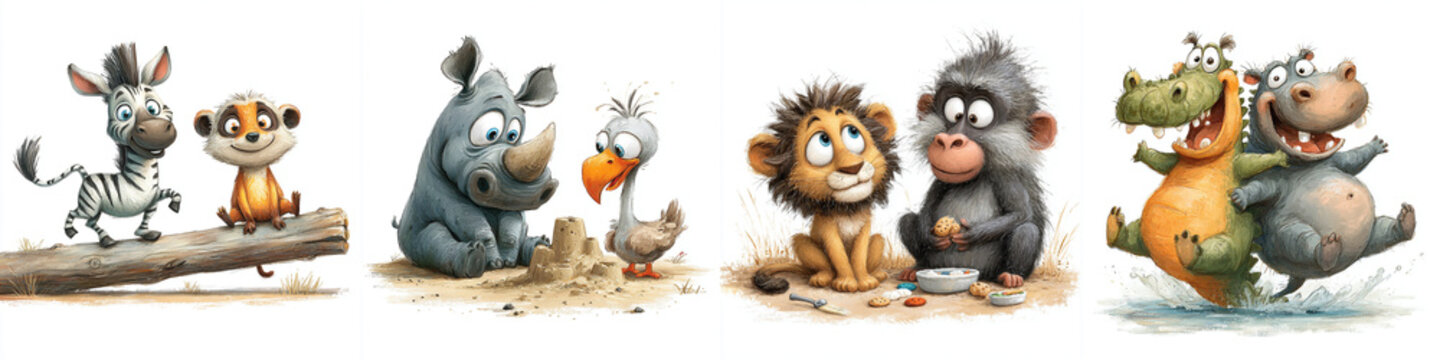 Fun watercolor Savanna animals playing together on white background  