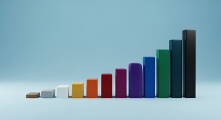 Ascending Colored Rectangular Prisms from Brown to Black on Blue Gradient Background — Geometric Bar Design Symbolizing Growth, Comparison, and Visual Data Representation