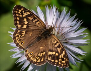 a high angle view of a pararge aegeria commonly known as a speckled wood butterfly with selective focus