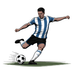 Soccer player in blue and white jersey dribbling ball in action pose. Vector illustration design. © DesignIMT