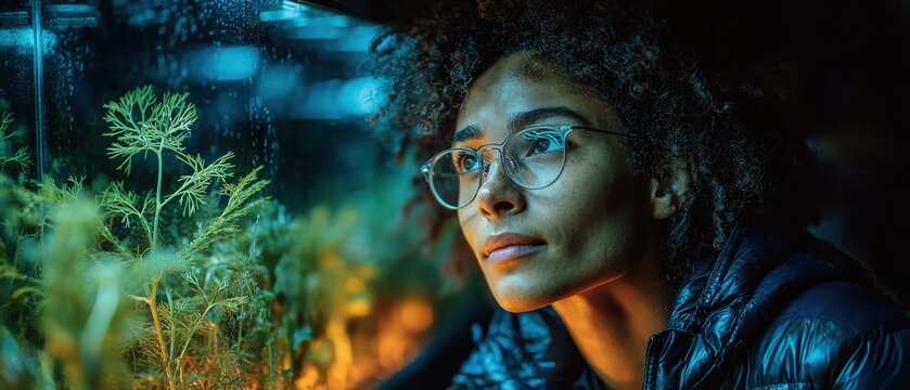 Thoughtful African American woman with glasses looking at indoor garden, reflecting on nature and sustainability in a modern, dark, and moody environment