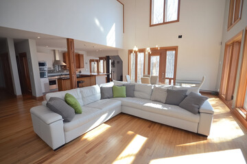 Large White L-Shaped Couch with Grey and Green Pillows
