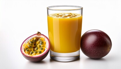 Fototapeta premium a sleek glass of passion fruit juice with visible seeds garnished with a half passion fruit on the side isolated on a clean white background