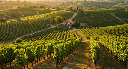 Lush vineyard rows cascade across rolling hills basking in golden sunlight with an idyllic building nestled amidst the greenery