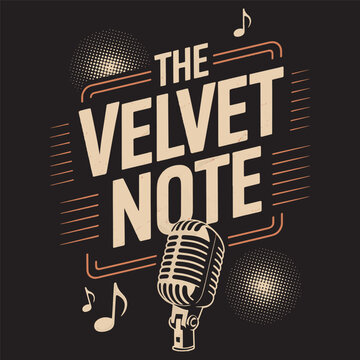Retro-styled music logo with mic and notes reading 'The Velvet Note'. Vector illustration design.