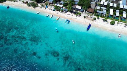 Aerial View of Gili Trawangan with Clear Sea and Boats Below, Lombok Indonesia