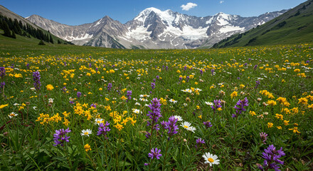 Obraz premium Mountain meadow blooms with yellow purple white flowers set against snowcapped mountains under a clear sky