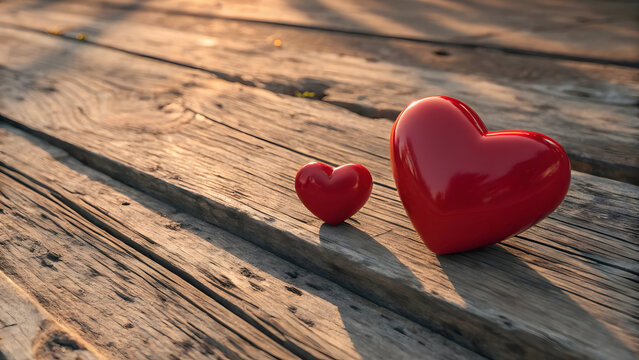 Two glossy red heart shapes one large and one small resting on weathered wooden planks bathed in warm golden sunlight creating soft shadows