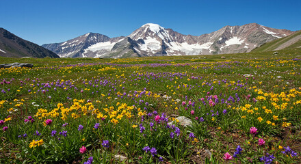 Fototapeta premium Mountain meadow of colorful wildflowers snowcapped peaks under a clear sky