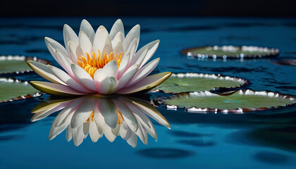 Beautiful flower white water lily, lotus on blue water background.