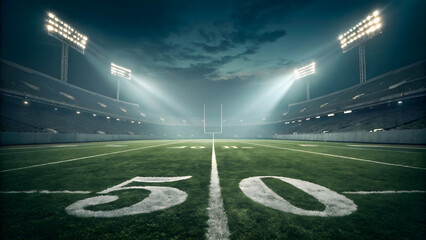 An empty american football stadium at night illuminated by bright stadium lights with the 50 yard line clearly visible on the lush green field under a dramatic cloudy sky