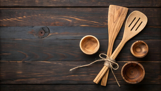 Rustic wooden kitchen utensils including a slotted spoon and spatula tied together with twine arranged with small wooden bowls on a dark wood plank background top view - Powered by Adobe