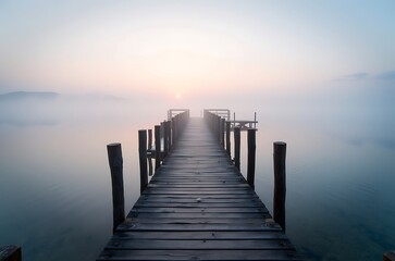 Naklejka premium Tranquil Lake Sunrise Wooden Dock Pier Atmospheric Light ai generated