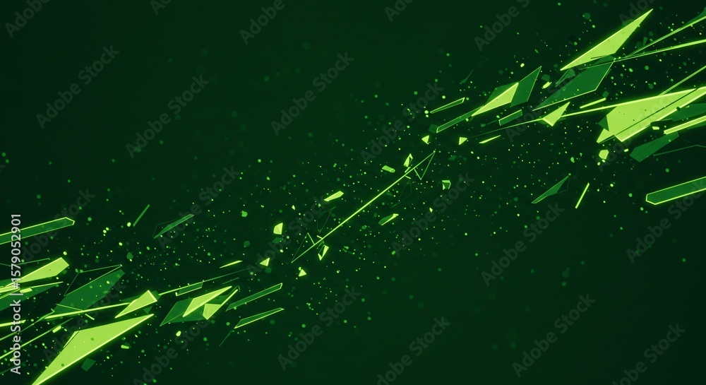 Poster dynamic fractured green geometric shapes with particles flow across dark background create interesti