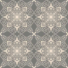 Delicate lace ornament. Fantasy seamless pattern with flowers on pastel background. Vector. Template for fabric and textile, wallpaper, packaging.