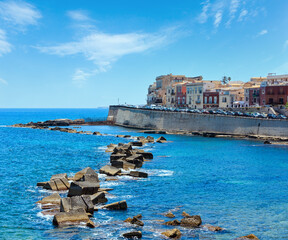 Coast of Ortigia island at city of Syracuse, Sicily, Italy. Beautiful travel photo of Sicily....