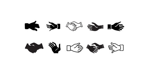 Diverse Handshake Icons for Business or Social Media A collection of black and white silhouette icons depicting various handshakes.