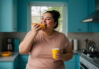 Joyful woman enjoying a hot dog and drink in her bright, modern kitchen, savoring a simple, tasty meal with contentment.