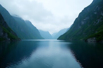 Tranquil Misty Ocean Panorama Majestic Mountains Calm Scenery ai generated