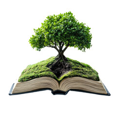 Green tree growing from an open book surrounded by moss cutout isolated on transparent bg, png