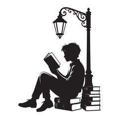 Silhouette Young Man Reading Book Sitting by Ornate Street Lamp Stack of Books vector