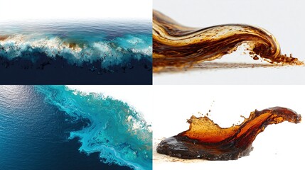 Four images of liquids ocean waves, viscous brown substance, oceanic pollution, and dark splash, on white