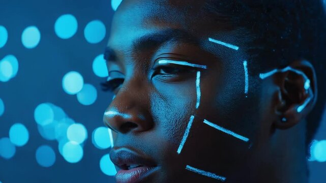 A futuristic portrait of a young Black woman with glowing facial tracking markers on her skin, representing biometric data collection or a digital identity