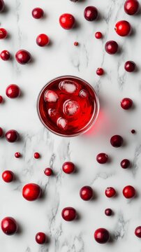 cranberry juice with whole cranberries scattered on elegant marble surface