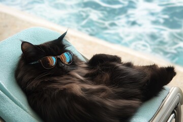 Under the warm ocean sun, a black cat wears smart sunglasses while lounging on a beach chair and chilling like a boss.
