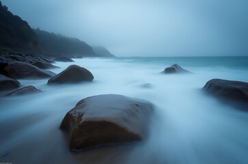Tranquil Cloudy Seascape Long Exposure Coastline Rocks ai generated