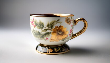 charming decorated ceramic cup stands on a small base featuring a handle and a delightful floral pattern adding a touch of elegance to teatime or coffee breaks