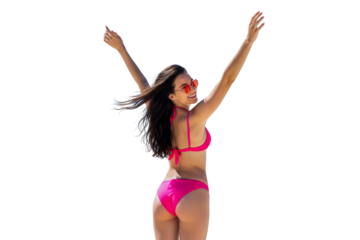 young woman in pink bikini isolated on white