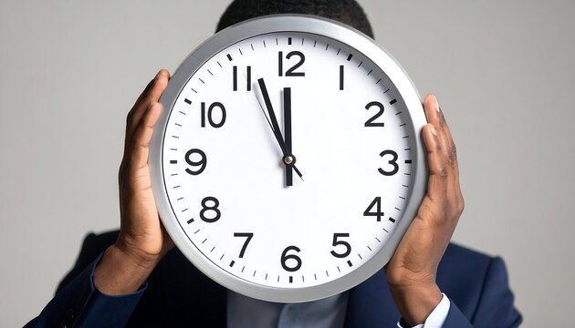 Person holding clock face, time